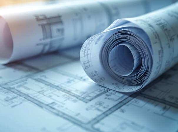 Rolled architectural blueprints resting on a set of floor plans