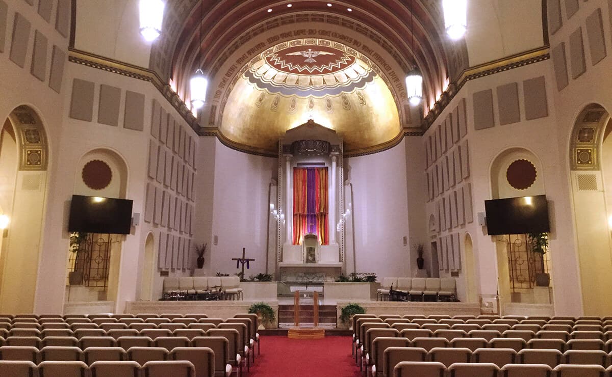The restored sanctuary of Pilgrim Rest Missionary Baptist Church in Milwaukee, Wisconsin